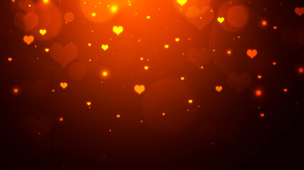 Abstract golden brown gradient bokeh background with glowing hearts and sparkles. Valentines day background