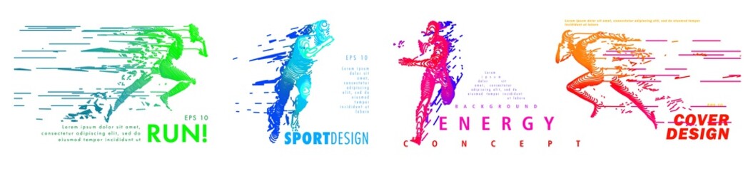 Art concept of a running man. Minimal cover design. Creative line-art set.