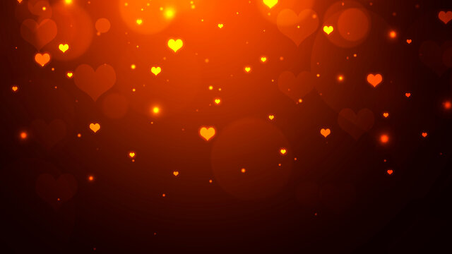 Abstract golden brown gradient bokeh background with glowing hearts and sparkles. Valentines day background