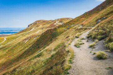 View of the nature and the landscape on top of Puy de Sancy volcano, the highest peak in Auvergne, France