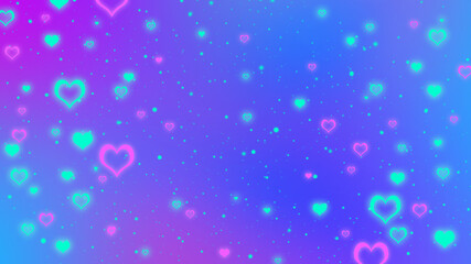 Abstract blurred blue and purple gradient background with glowing turquoise and pink hearts. Vivid Valentines day background