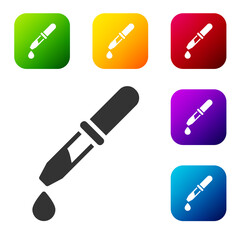 Black Pipette icon isolated on white background. Element of medical, chemistry lab equipment. Pipette with drop. Medicine symbol. Set icons in color square buttons. Vector.