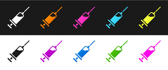 Set Syringe with serum icon isolated on black and white background. Syringe for vaccine, vaccination, injection, flu shot. Medical equipment. Vector.