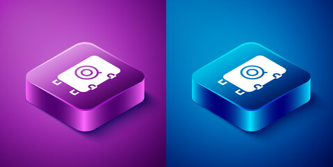 Isometric Safe icon isolated on blue and purple background. The door safe a bank vault with a combination lock. Reliable Data Protection. Square button. Vector.