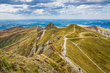 View of the nature and the landscape on top of Puy de Sancy volcano, the highest peak in Auvergne,...