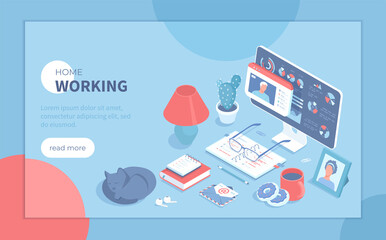 Home working. Remote workplace. Freelancing concept. Visual online communication via video conferencing. Table with a computer, documents, flowerpot, cat. Isometric vector illustration for website.