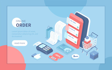 Online order via phone. Online shopping concept. Ordering system app on the screen. Shopping cart with cardboard boxes, shopping bags. Credit card, bill. Isometric vector illustration for website.