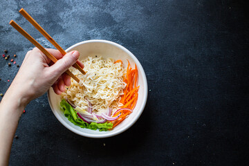 rice or wheat noodles cellophane pasta vegetables ready to eat on the table for healthy meal snack outdoor top view copy space for text food background image rustic