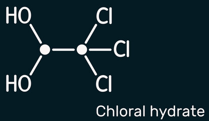 Chloral hydrate. geminal diol, anesthetic molecule. A synthetic monohydrate of chloral, hypnotic and sedative, anticonvulsive drug. Skeletal chemical formula on the dark blue background