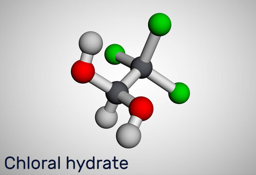 Chloral hydrate. geminal diol, anesthetic molecule. A synthetic monohydrate of chloral, hypnotic and sedative, anticonvulsive drug. Molecular model. 3D rendering
