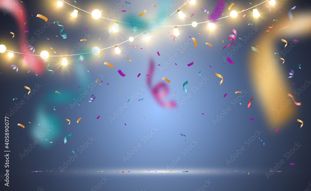 Poster Lots of colorful tiny confetti and ribbons on transparent background. Festive event and party. Multicolor background.Colorful bright confetti isolated on transparent background	