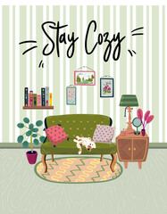 Stay at home. Set of stylish scandinavian apartment design elements for self-isolation during quarantine and other use. Flat vector cartoon illustration isolated on white background