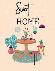 Stay at home. Set of stylish scandinavian apartment design elements for self-isolation during quarantine and other use. Flat vector cartoon illustration isolated on white background