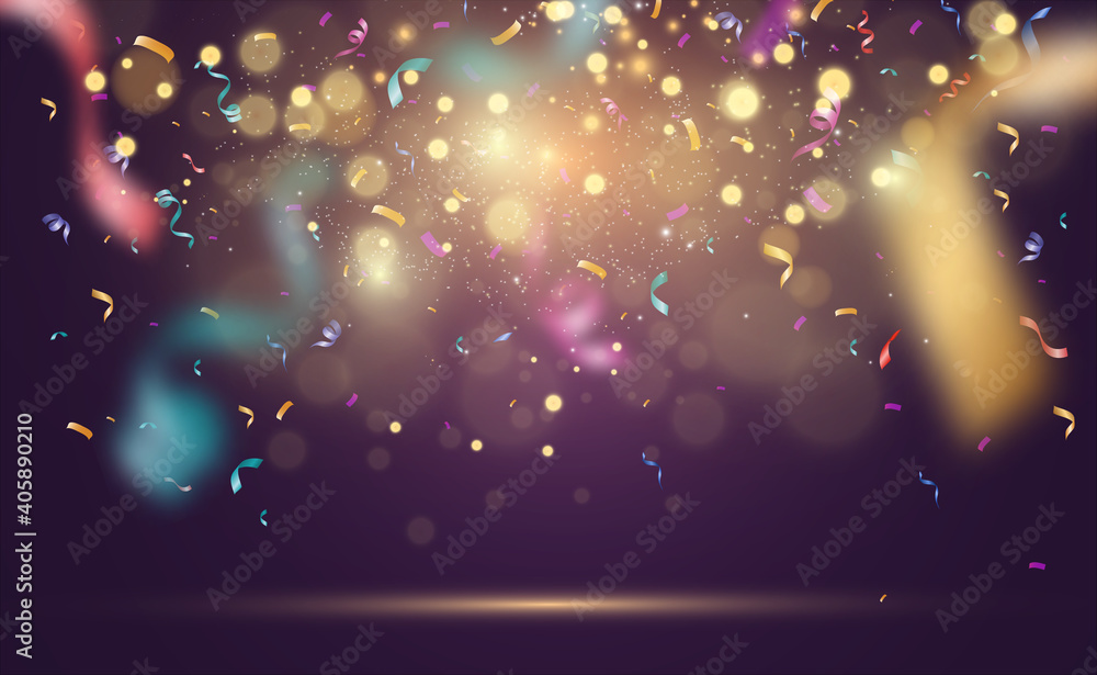 Poster Lots of colorful tiny confetti and ribbons on transparent background. Festive event and party. Multicolor background.Colorful bright confetti isolated on transparent background	