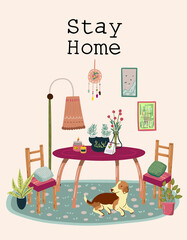Stay at home. Set of stylish scandinavian apartment design elements for self-isolation during quarantine and other use. Flat vector cartoon illustration isolated on white background
