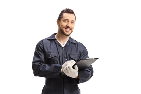 Mechanic worker writing on a clipboard