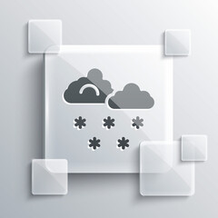 Grey Cloud with snow icon isolated on grey background. Cloud with snowflakes. Single weather icon. Snowing sign. Square glass panels. Vector.