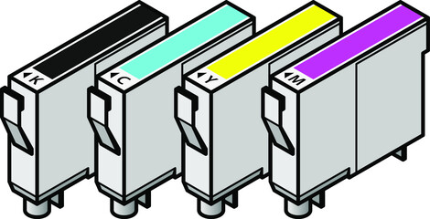 A set of inkjet printer cartridges - individual tanks of cyan, yellow, magenta and black - for 4-colour CMYK printing.