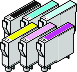 A set of inkjet printer cartridges - individual tanks of cyan, yellow, magenta and black plus light/pale cyan, light/pale magenta - for 6-colour high-fidelity CcMmYK printing.