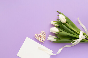 valentines day, womens day, birthday and other holidays decoration card .bouquet of white tulips , envelope and heart on violet background  , copy space, flatly.