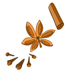 Isolate vector image of star anise, cloves and cinnamon. Flat doodle image of spicy seeds. Icon concept for web, app, logo, texture, textile, package.