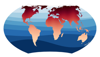 World Map Vector. Wagner VII projection. World in red orange gradient on deep blue ocean waves. Creative vector illustration.