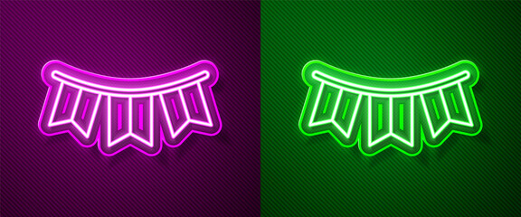 Glowing neon line Carnival garland with flags icon isolated on purple and green background. Party pennants for birthday celebration, festival decoration. Vector.