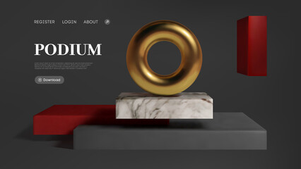 Abstract gold torus on luxury mock up stage. Platform vector 3d render podium.