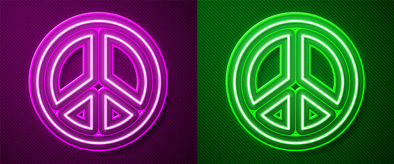 Glowing neon line Peace icon isolated on purple and green background. Hippie symbol of peace. Vector.