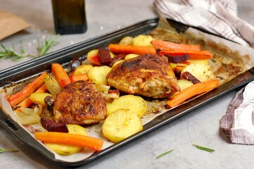 Roasted chicken leg with grilled vegetables potato, carrot, beetroot, onion