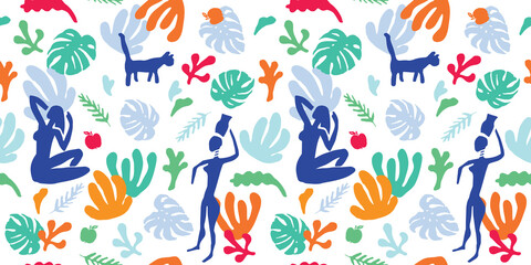 Women and cats in jungle. Vector seamless pattern. Bright spring or summer hand drawn illustration in Matisse style. Green,pink, blue colors pattern for textile decoration.