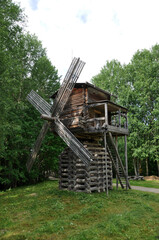 Windmill made of logs and planks. Arkhangelsk 05 August 2020