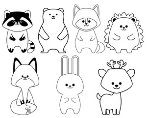 Black line art set of forest animals isolated on white background. Flat design for poster or t-shirt. Vector illustration