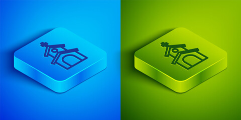 Isometric line Church building icon isolated on blue and green background. Christian Church. Religion of church. Square button. Vector.