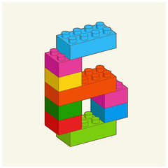 Number 6 from Plastic building blocks. Colored Bricks bricks isolated on white background. Vector 3d illustration.