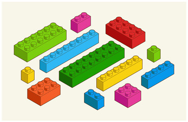 Simple pattern of building block, bricks for children. Vector isometric illustration. Colored bricks isolated on white background.