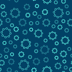 Fototapeta na wymiar Green line Chemical formula icon isolated seamless pattern on blue background. Abstract hexagon for innovation medicine, health, research and science. Vector.