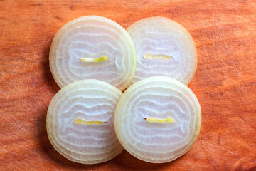 Fresh raw onion rings, slices. Background