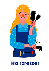 Hairdresser woman. Young smiling woman hairdresser cartoon character. Vector hand-drawn flat illustration.