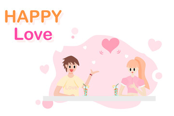 Happy people Concept, happy love, text. Young lovers Sitting and having fun chatting. Men and women chatting. Flat style vector illustration for content chatting, leisure, couples, everyday lifestyle