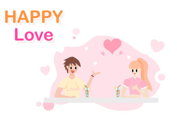 Happy people Concept, happy love, text. Young lovers  Sitting and having fun chatting. Men and women chatting. Flat style vector illustration for content chatting, leisure, couples, everyday lifestyle