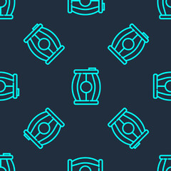 Green line Gun powder barrel icon isolated seamless pattern on blue background. TNT dynamite wooden old barrel. Vector.