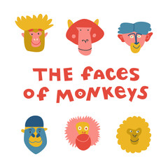 Set of the cute cartoon faces of monkeys. Hand drawn vector illustration.