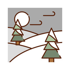 landscape winter forest trees wind cold nature cartoon, filled line flat colors