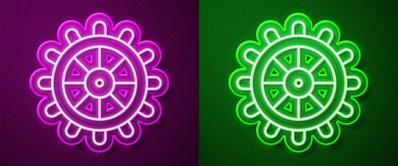 Glowing neon line Ship steering wheel icon isolated on purple and green background. Vector.