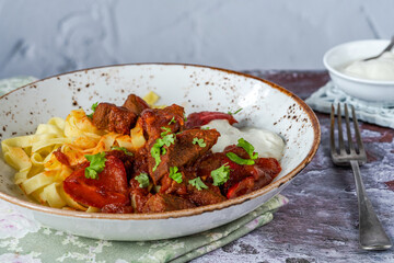 Venison goulash with tagliatelle pasta