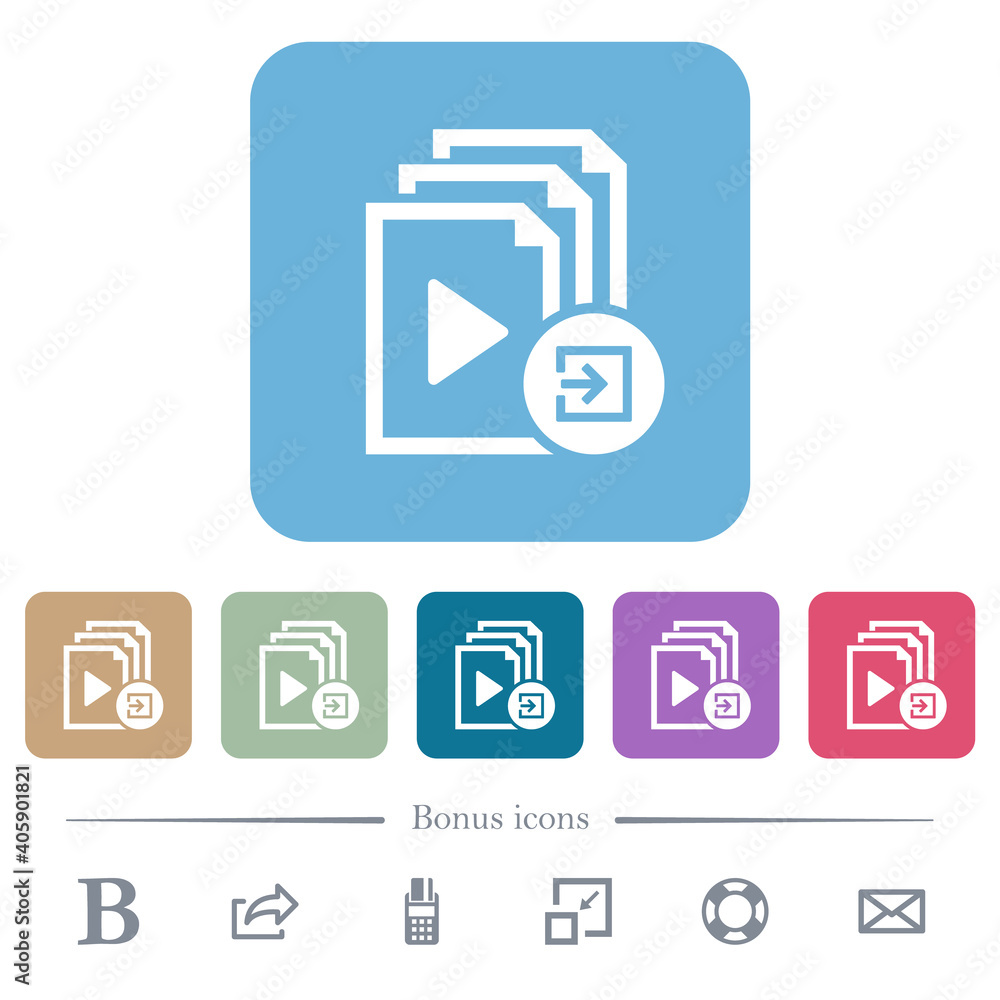 Poster import playlist flat icons on color rounded square backgrounds