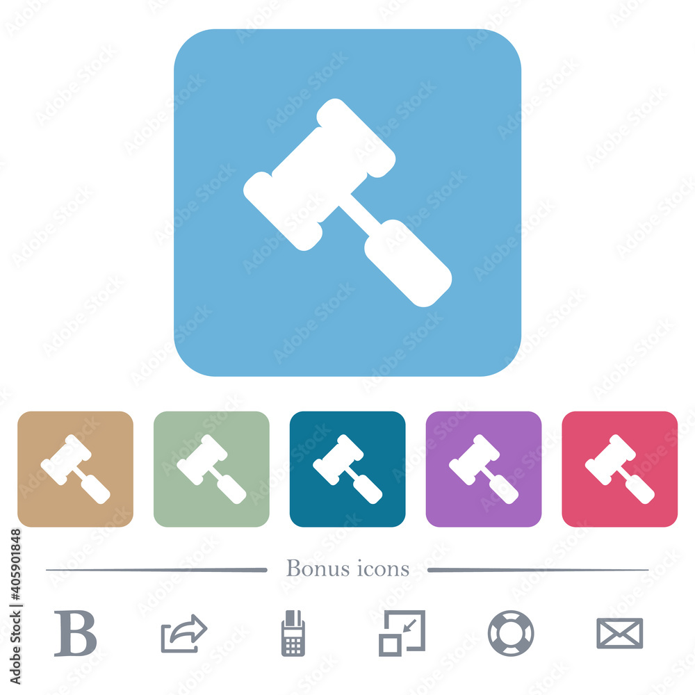 Poster judge hammer flat icons on color rounded square backgrounds