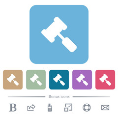 Judge hammer flat icons on color rounded square backgrounds