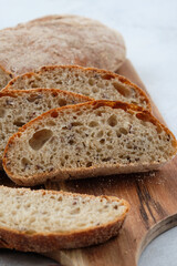 Fresh homemade rye ciabatta. The concept of comfortable delicious family food. Carbohydrates. Bakery.